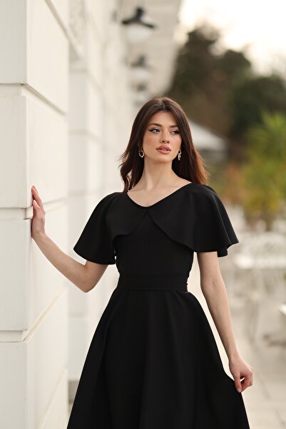 BEYZATURAN Rochie elegantă neagră pentru femei, cu decolteu în V, cu detalii ...