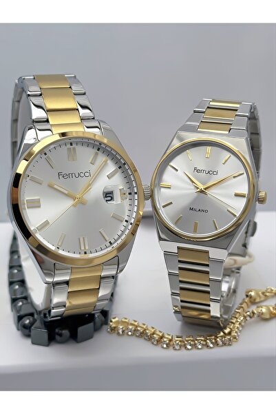 Ferrucci Steel Cord Calendar Lover Couple Wristwatches + Bracelet Gift