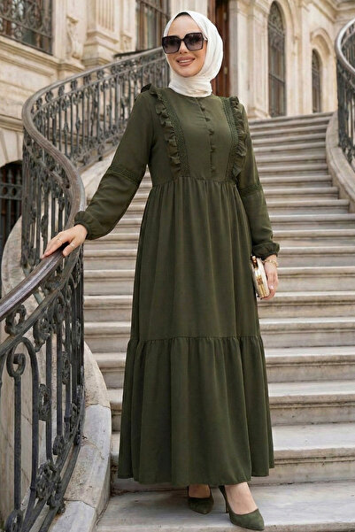 N.S NEVA STYLE Ruffle Detailed Khaki Hijab Dress 10318Hk