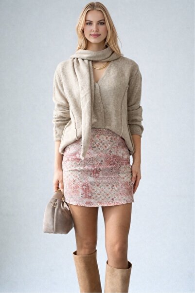 LOOSH Kadın Pembe Batik Desenli Denim Mini Etek