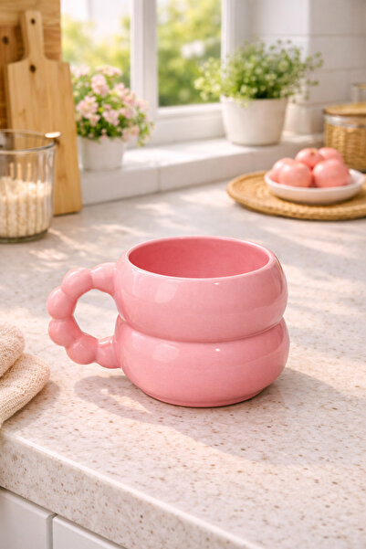 İZart Bead Handle Plain Complete Pink Fully Handmade Ceramic Mug