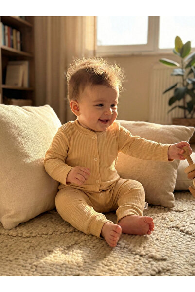 Noone Unisex Baby Beige Corded Cotton Long Sleeve Jumpsuit with Front Snap Fa...