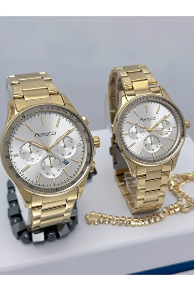Ferrucci Steel Cord Calendar Lover Couple Wristwatches + Bracelet Gift