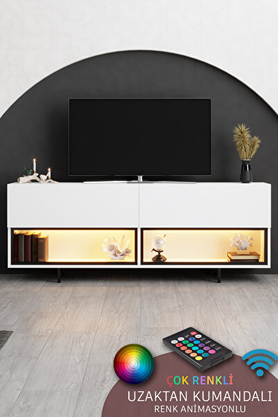 Modatte EKOL TV ÜNİTESİ LED IŞIKLI DEMİR AYAKLI ÇOK AMAÇLI DOLAPLI BEYAZ TV S...