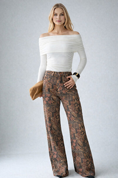 LOOSH Kadın Bordo Etnik Desenli İspanyol Paça Denim Pantolon