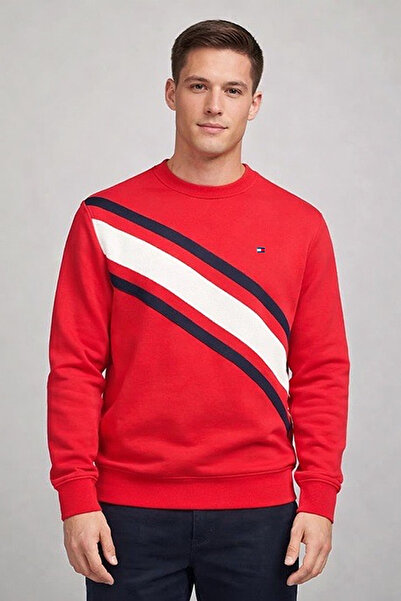 Tommy Hilfiger Mens Red Regular Fit Banner Stripe Cotton Fleece Sweatshirt