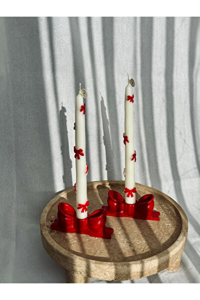 La incense Özel Gün Fiyonk Desenli 2'li Şamdan Mum ve 2 Adet Altlık