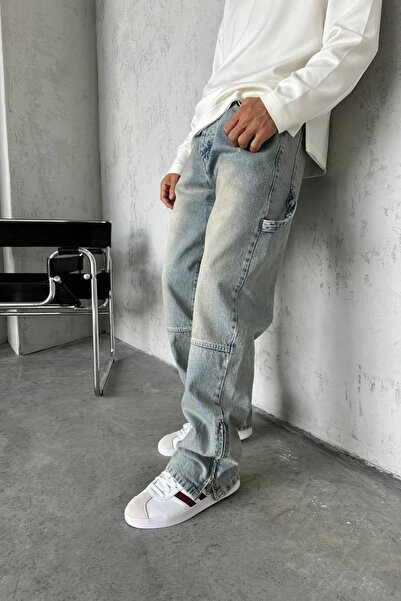 Wonraces Men's Blue Baggy Distressed Washed Jeans with Zippered Leg Design De...