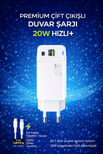 TUROVE 20W Hızlı Şarj Adaptörü USB-C + USB-A Çift Port Duvar Şarj Cihazı