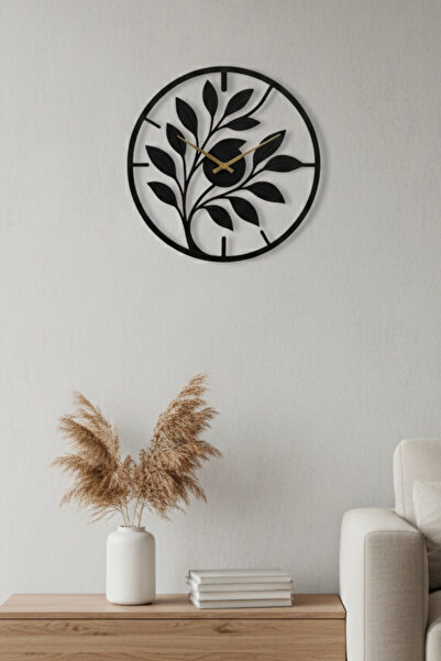 Grandmix Metal Tasarım Yaprak Desenli Dekoratif Duvar Saati Siyah Metal Saat ...