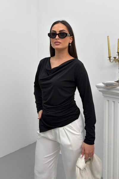 spirituel Kadın Bluz Drapeli Uzun Kollu Degaje Yaka Asimetrik Kesim Sandy Kum...