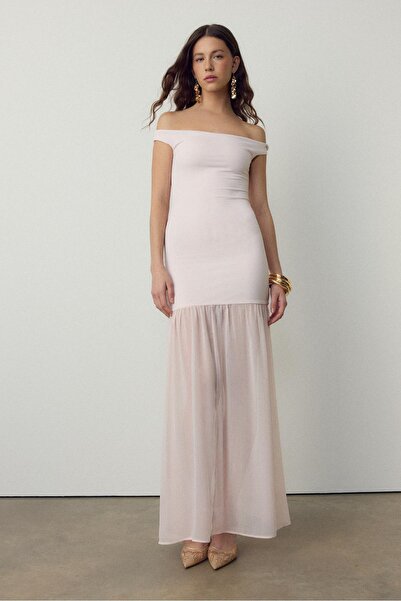 Stradivarius Two-material midi dress with boat neckline