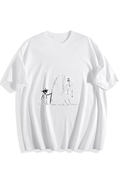 MIXSNOW تيشيرت قطني مطبوع للرجال - هيكل عظمي يراقب صبيًا يصطاد السمك