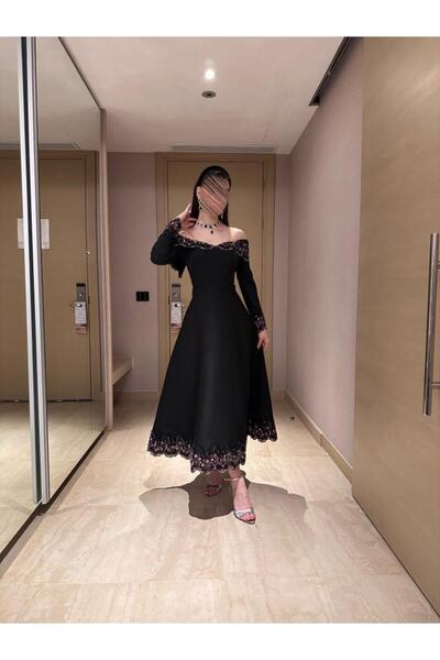 MANGONA Black off-the-shoulder midi evening dress with rose embroidery on the...