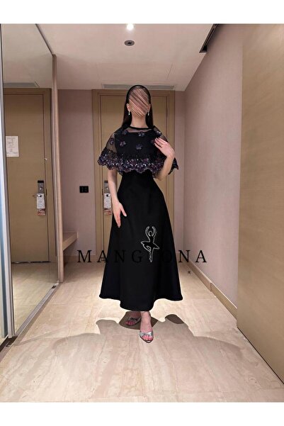 MANGONA A sleek black evening gown with a 3D embroidered tulle cape and beads...