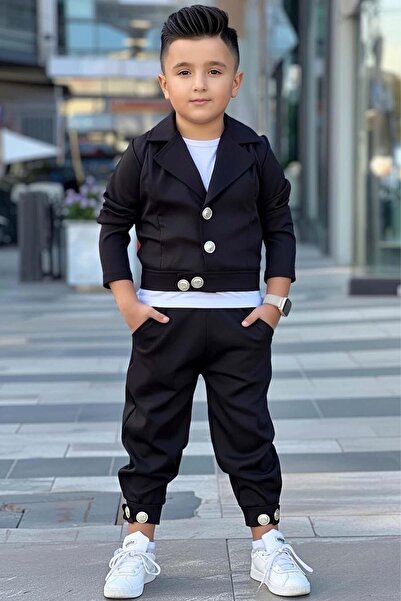 Riccotarz Boy's Gold Button Detailed Combed Cotton Jacket Slim Fit Trousers B...