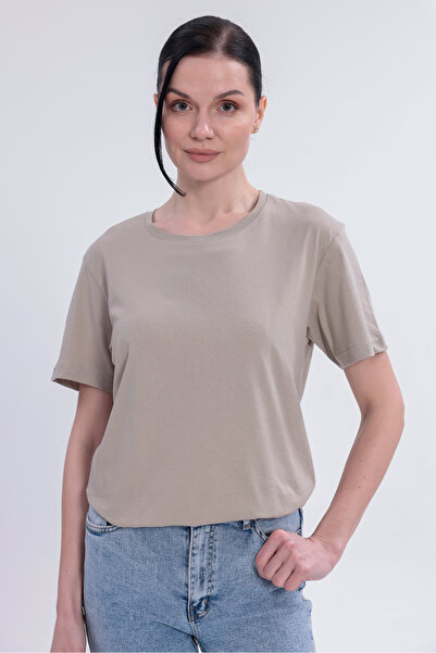 Gizrain Γυναικείο μπλουζάκι σε μπεζ χρώμα με λαιμόκοψη ποδηλάτου, 100% βαμβάκι