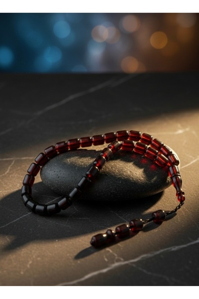 DeNors سبحة رجالية بلون الكرز والعنبر الناري - مقطوعة بشكل حبوب الشعير - سبحة...