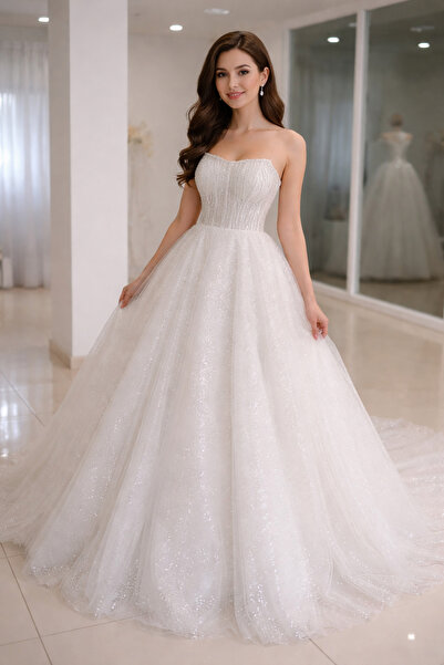 ÖZEL DİKİM Simli etekli boncuk işlemeli GELİNLİK