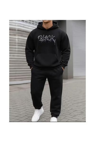 AEMİ Unisex Black Printed Hooded Sweatshirt and Jogger Sweatpants - Top and B...