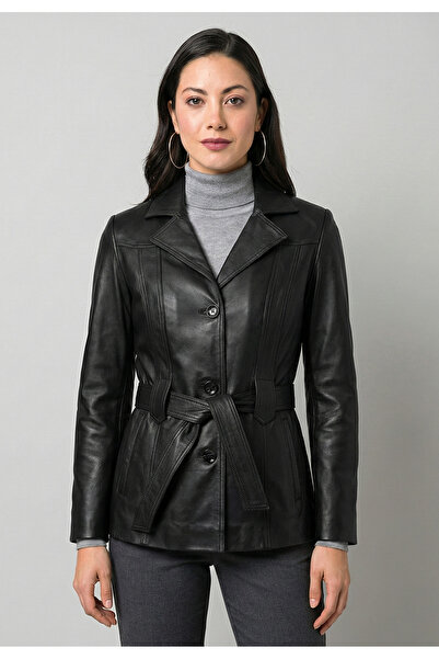 Felix Hardy جاكيت جلد نسائي كلاسيكي بتفاصيل حزام - أسود