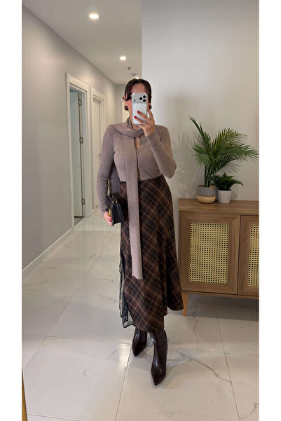 BİRCANÇİL Benwed Coffee Premium Lace Detailed Plaid Skirt
