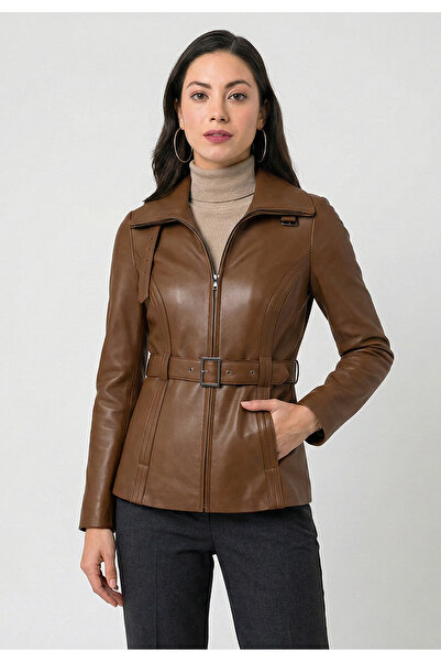 Felix Hardy Women's Chestnut Belted Leather Jacket - Chestnut