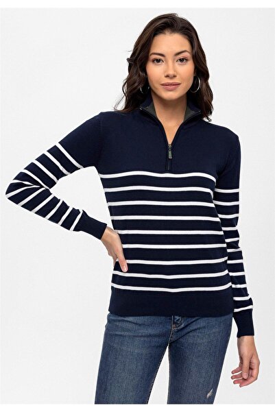 Felix Hardy Women's Half-Zip Striped Sweater - Navy Blue