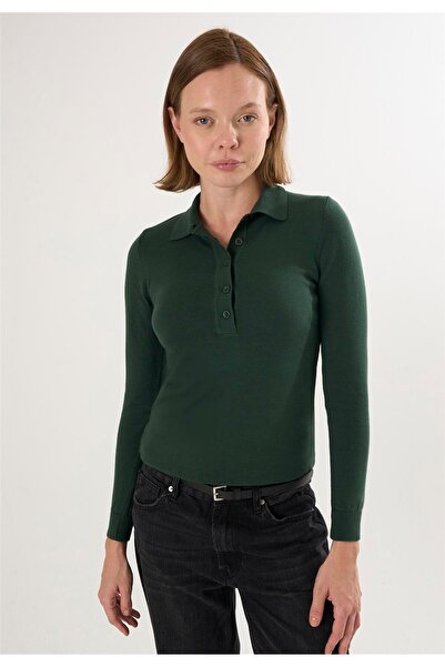 Felix Hardy Women's Polo Collar Buttoned Trkio Sweater - Green