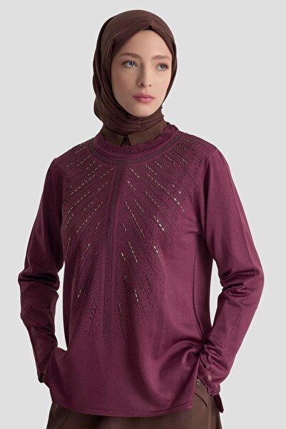 Armine Trend Taşlı Triko Bluz 25KT4126 Mürdüm