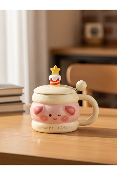Bam Cute Figure Ceramic Mug with Spoon and Lid 350 ml