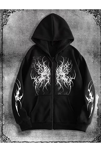 AZIZI TEKSTIL Baskılı Oversize Fermuarlı Siyah Unisex Kapüşonlu