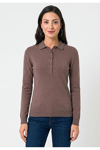 Felix Hardy Women's Polo Collar Buttoned Trkio Sweater - Brown