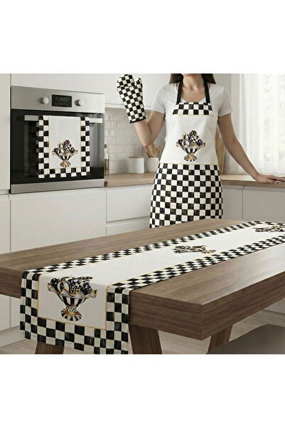 NRZ NEREZ TEKSTİL Çeyizlik Lüks 4 Parça Mutfak Seti Modern Damalı Önlük Runne...