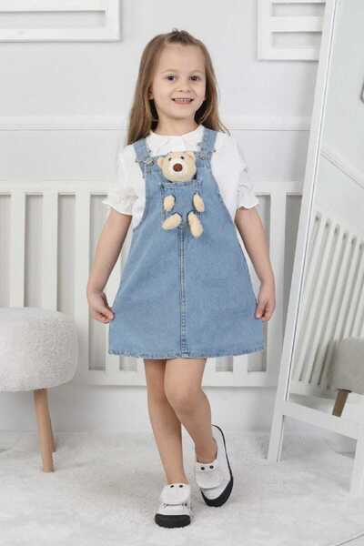 Moonch Bear Embroidered Girls' Denim Gilet Dress