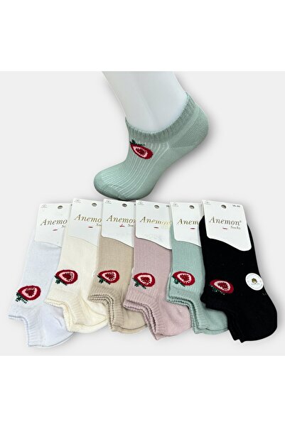 Anemon Socks Pamuklu Çilek Desenli Taşlı Çorap 12 Çift