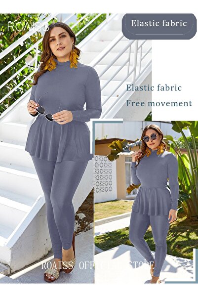 ROAISS Women Conservative Swimsuit Set Muslim Ruffled Hem Swimwear Swimming T...