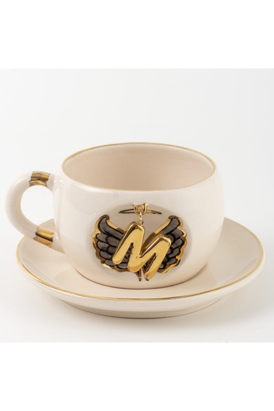 BSK Ceramics Handmade Harfli Siyah Melek Çay Fincanı M Harfi