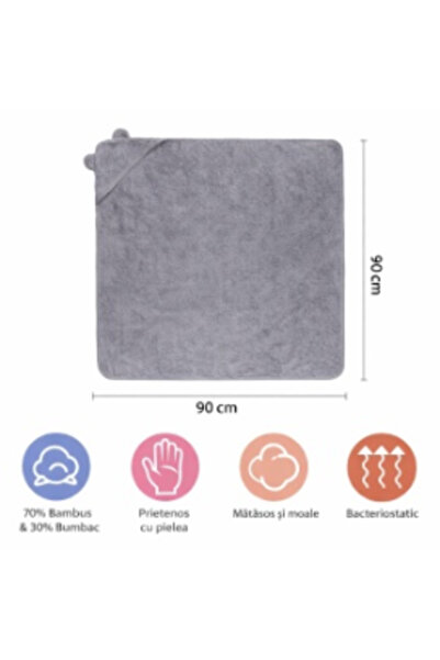 OEM Prosop de baie cu gluga pentru copii BabyTeo, Bambus super absorbant, 90x90cm, Gri