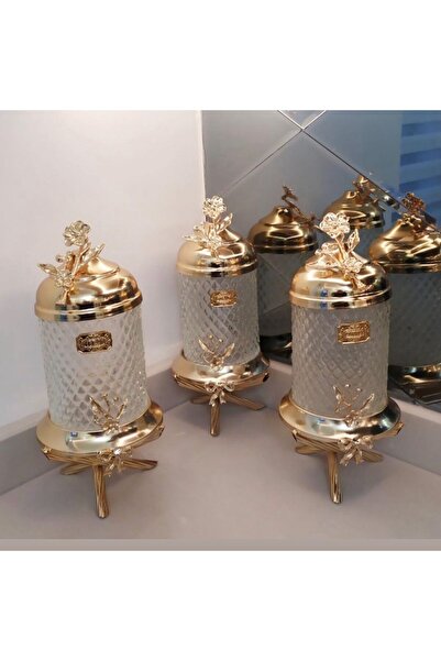 AZADE BAKIR GOLD PİRİNÇ JAPONGÜL AYAKLI KRİSTAL KAVANOZ 3’LÜ SET