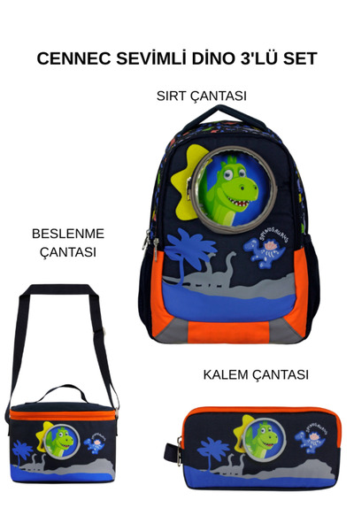 ÜMİT ÇANTA Cennec Cute Dino School Bag Set – Backpack + Thermal Lunch Bag + P...