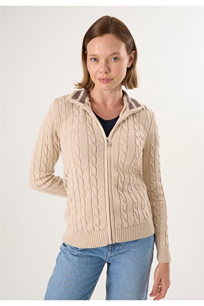 Felix Hardy Women's Hair Braid Patterned Cardigan - Beige