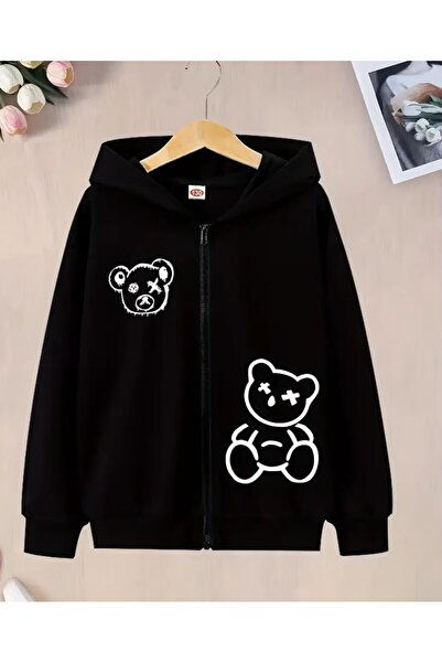 AZIZI TEKSTIL سترة سوداء بطبعة دببة وقلنسوة وسحاب أمامي