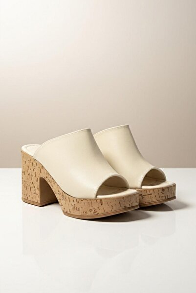 Preshley Women's Silva Beige Skin Cork Sole Orthopedic Platform Heel Slippers