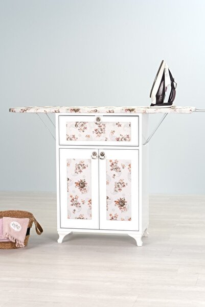 FeyzaDesign Rose Katlanır Ütü Masası, Beyaz ve Yeşil Çiçek Desenli, Pratik ve...