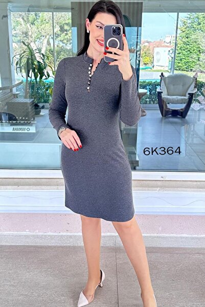 İnce Topuk Metal Düğmeli Yün Akrilik Elbise 6k364