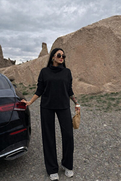 BEGBOR COLLECTİONS Women's Black Soft Textured Knitwear Set – High-Neck Sweat...