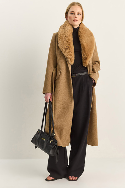 Bianco Lucci Women's Portable Faux Fur Collar Belted Lined Pocket Detailed Lo...