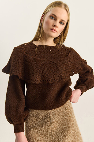 Bianco Lucci Women's Ruffled Openwork Detailed Balloon Sleeve Ribbed Soft Kni...