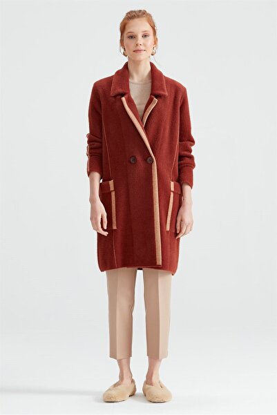 Tığ Triko Kadın Çizgi Detaylı ve Düğmeli Triko Kaban - Taba